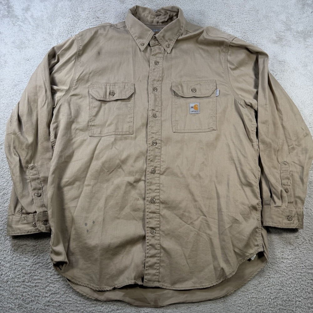 Carhartt FR Shirt Mens XL Khaki Tan Flame Resistant Long Sleeve Button Down READ
